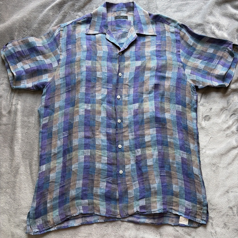 Equilibrio Shirt Mens Large Check Plaid Linen Short Sleeve‎ Button Up Italy